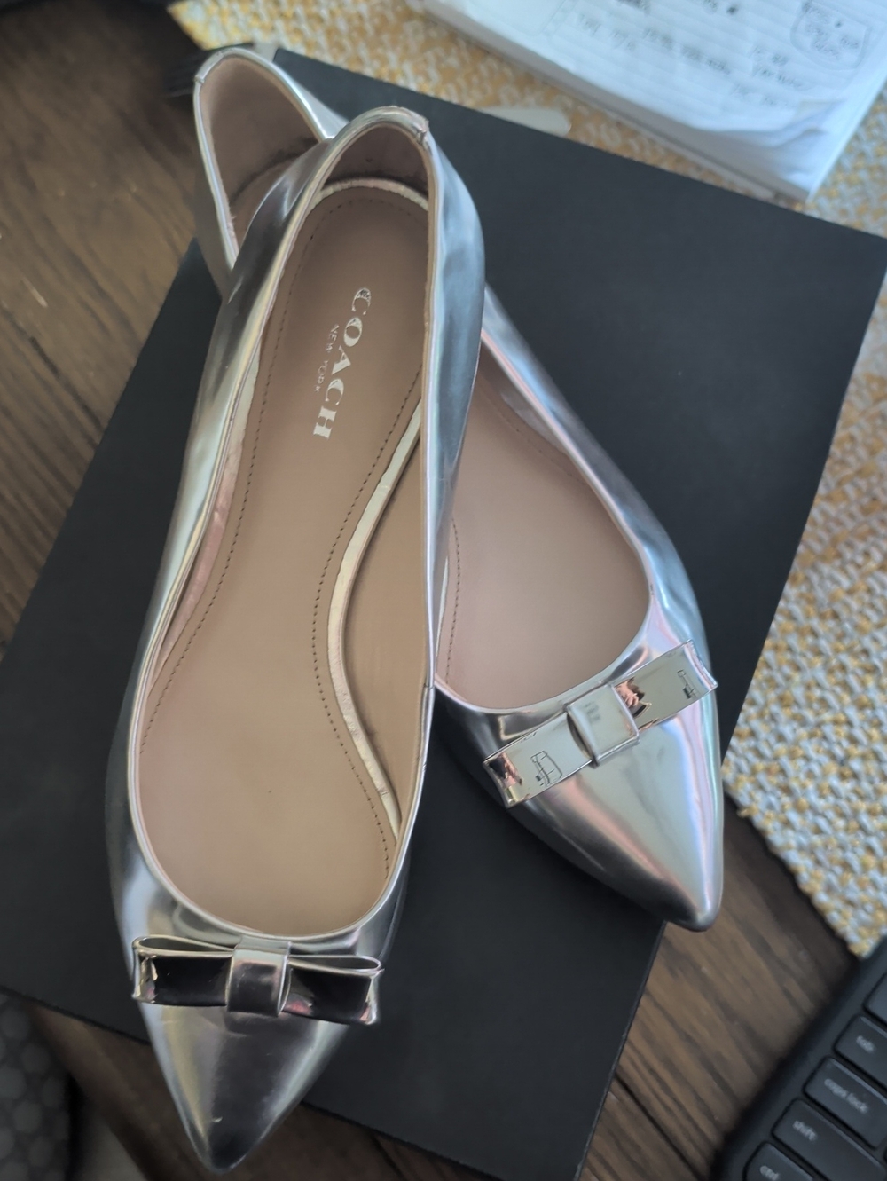 COACH Metallic Silver Pointed-Toe Bow Ballet Flats